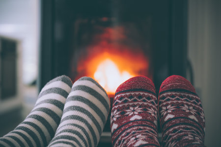 Feet woollen socks by christmas fireplaceの写真素材