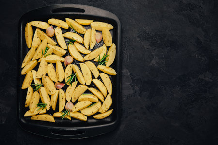 Raw potato wedges with oil, rosemary and garlic on baking tray, preparing to bake. top view with copy spaceの写真素材