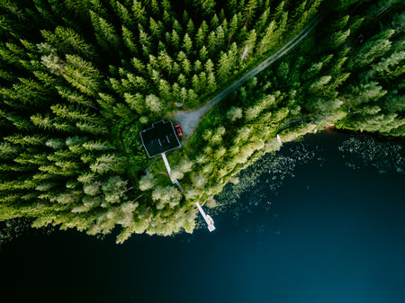 Aerial view of log cabin cottage in green summer woods by blue lake water in Finlandの写真素材