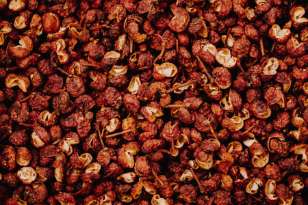Sichuan pepper. Chinese pepper (Zanthoxylum schinifolium) background. Dried Spices, Food...