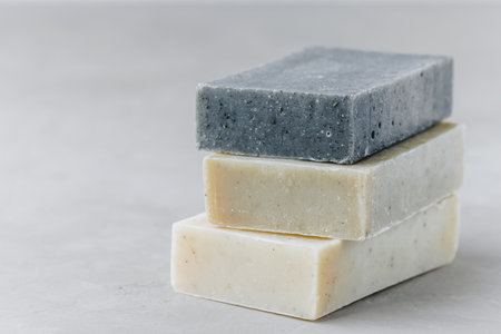 soap. organic soap bars. Stack of natural soap bars on gray stone background, copy space.の写真素材