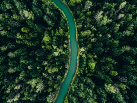 Aerial view of green forest trees and blue river flowing through the woods