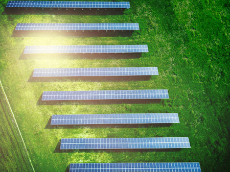 Aerial view of solar panels on a sunny day. Power farm producing clean energy in Greece.の写真素材