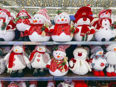 Snowman decoration for christmas. Christmas decor in the supermarket. Festive decorations for Christmas holidays.の写真素材