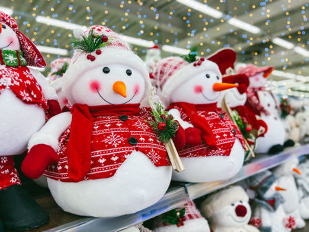 Snowman decoration for christmas. Christmas decor in the supermarket. Festive decorations for Christmas holidays.の写真素材