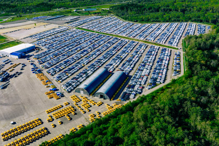 Aerial view of many new cars parking lots before shipping to Dealer Customer, Cars shipping for import export Freight forwarding , Logistics transportation dealer shipping Cars Export Terminal.の写真素材