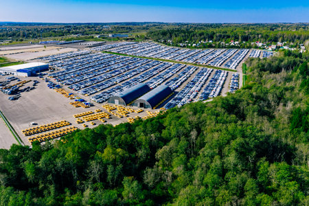 Aerial view of many new cars parking lots before shipping to Dealer Customer, Cars shipping for import export Freight forwarding , Logistics transportation dealer shipping Cars Export Terminal.の写真素材