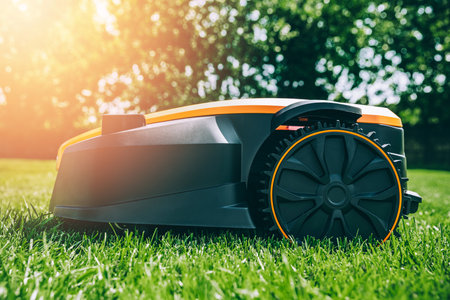 Automatic robotic lawn mower on a green lawn close-up. Grass lawn mower robot in sunny summer day.の写真素材