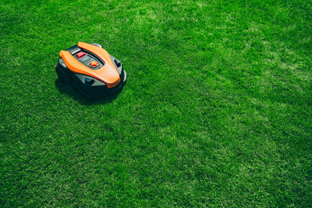 Automatic robotic lawn mower on a green lawn top view. Grass lawn mower robot in sunny summer day.の写真素材