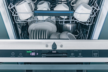 Dishwasher is full of dirty dishes. The dishwasher is set to the "Auto" settingの写真素材