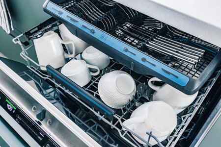 Dishwasher is full of white dishes and silverware. The dishwasher is on and the dishes are being washedの写真素材