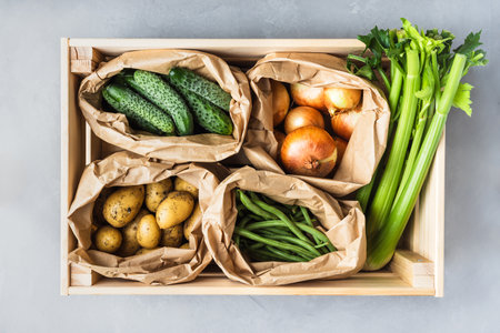 Wooden crate filled with vegetables including potatoes, onions, celery, and green beans. The crate is brown and has a rustic feelの写真素材