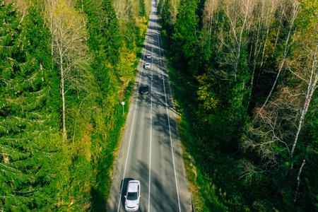 Aerial drone view of cars driving asphalt road through summer or fall woods.の写真素材