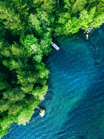 Aerial View of Lush Green Forest Bordering a Clear Blue River with Rocky Outcropsの写真素材