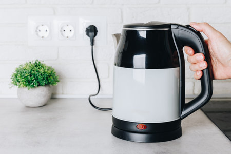 Modern Electric Kettle on a Kitchen Counter with a Minimalist Design and Indoor Plant