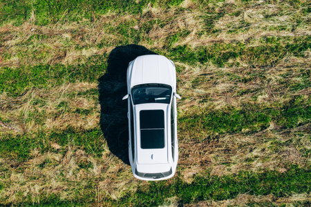 Aerial View of a White Vehicle Parked on Lush Green Meadow with Nature Surrounding It