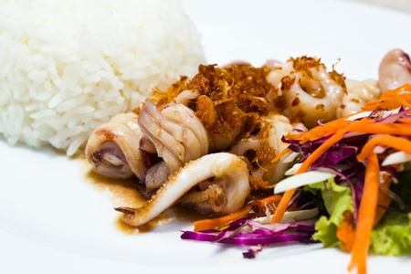 Thai food, rice with fried squid with garlic and pepper の写真素材