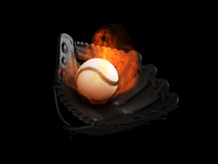 Baseball ball and glove set on fire isolated on blackの写真素材