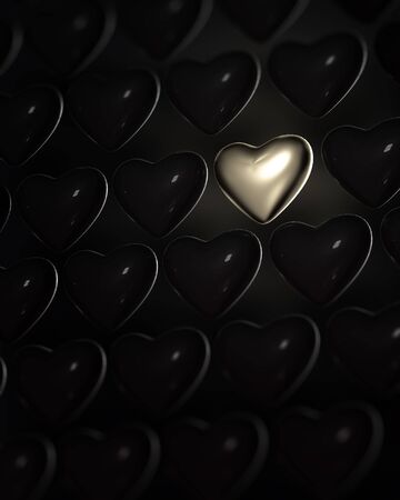 Shiny golden heart surrounded by dark glossy hearts on blackの写真素材