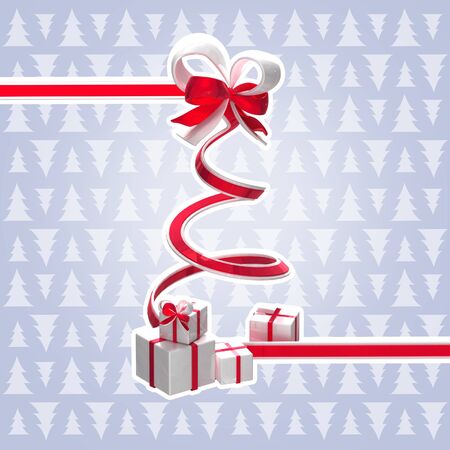 Ribbon christmas tree with a bow and gifts isolated with a white stroke and space for your textの写真素材
