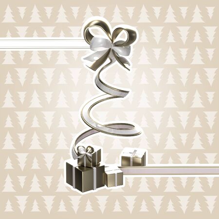 Ribbon christmas tree with a bow and gifts isolated with a white stroke and space for your textの写真素材
