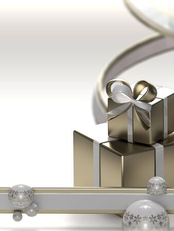 Light christmas background made of ribbons, gift boxes and christmas ballsの写真素材