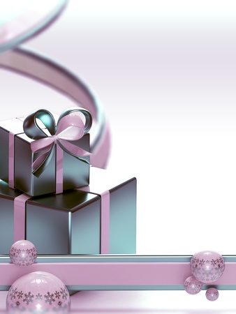 Light christmas background made of ribbons, gift boxes and christmas ballsの写真素材