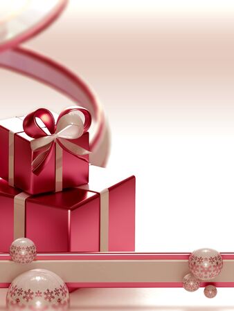 Light christmas background made of ribbons, gift boxes and christmas ballsの写真素材