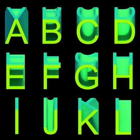 Alphabet: soft wax green letters isolated in black. A-L, part 1/3の写真素材