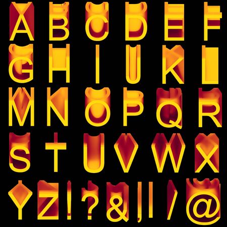 Alphabet: soft wax orange-violet letters isolated on black. A-Z, plus special symbolsの写真素材