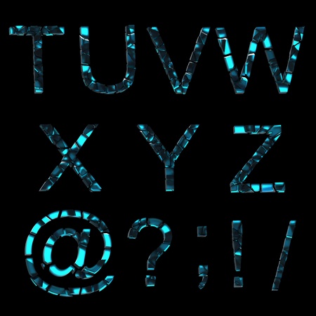 Alphabet:set of broken into pieces glass letters isolated on black. T-Z plus special symbols,  part 3/3の写真素材