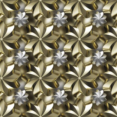 Seamless texture/background made of golden and silver twirled starsの写真素材
