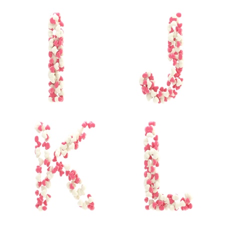 Valentine day love alphabet made of pink hearts isolated on whiteの写真素材