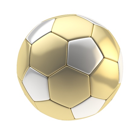 Gold and silver metallic football ball isolated on whiteの写真素材