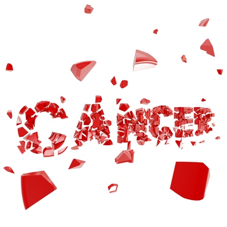 Cancer breakthrough, word crashed and broken into pieces isolated on whiteの写真素材