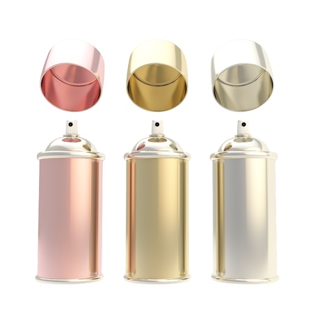Metallic colors spray oil bronze, silver, golden cylinders with caps above isolated on whiteの写真素材
