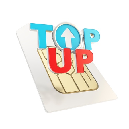 Top-up glossy emblem red and blue icon over sim card chip microcircuit isolated on whiteの写真素材