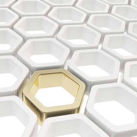 Abstract copyspace background made of one golden hexagon element among white ones