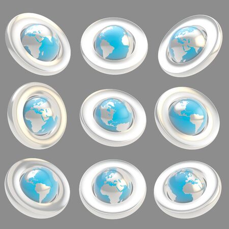 Earth globe emblem chrome metal and blue glossy plastic tag in nine foreshortening isolated on grayの写真素材