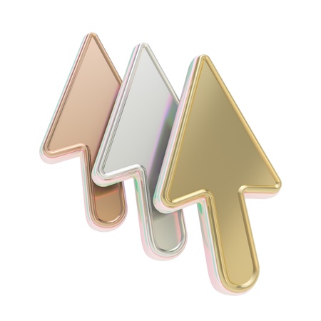 Three golden, silver, bronze mouse cursor pointers in a row isolated on whiteの写真素材