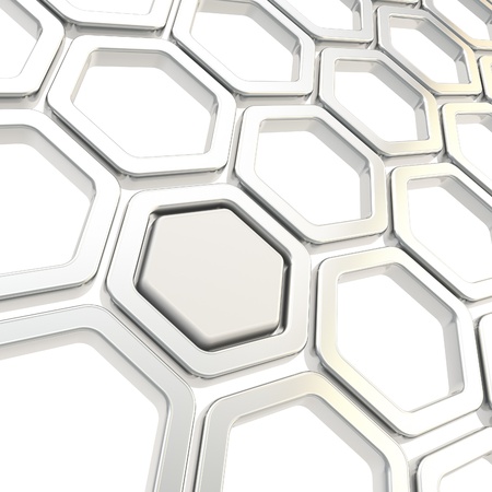 Glossy hexagon segments made of chrome metal elemets as copyspace abstract backgroundの写真素材