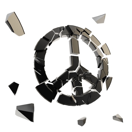 Peace symbol collapse as icon broken into tiny black plastic glossy pieces isolated on whiteの写真素材