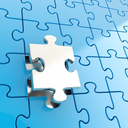Puzzle jigsaw blue background with one shiny metal piece stand outの写真素材