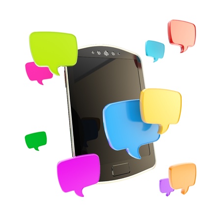 Texting  mobile phone concept surrounded with sms text cloud bubble icons illustration isolated on whiteの写真素材