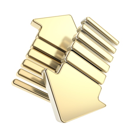 Golden up and down arrow glossy arrow icon emblem isolated on whiteの写真素材