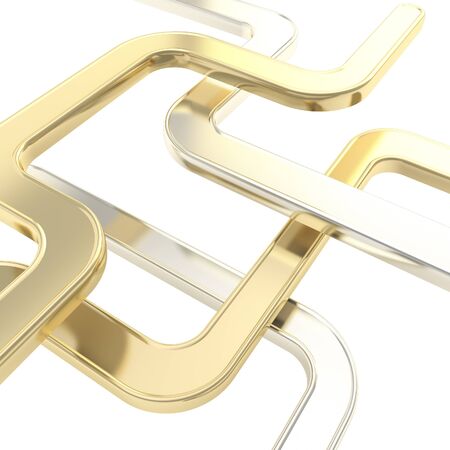 Abstract copyspace technology backdrop made of glossy silver metal and golden curved tube lines on...