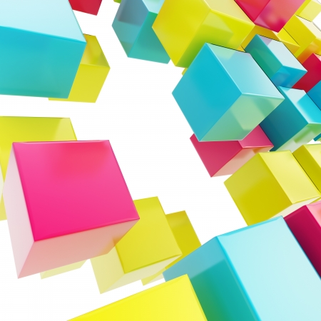 Abstract background made of cmyk colored glossy cubes on whiteの写真素材