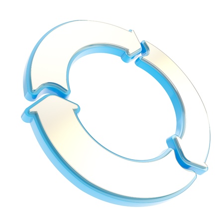 Circle frame emblem tag made of three blue and silver metal glossy arrows isolated on white backgroundの写真素材