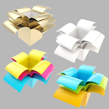 Colorful empty parcel package boxes, set of four, isolated on gray