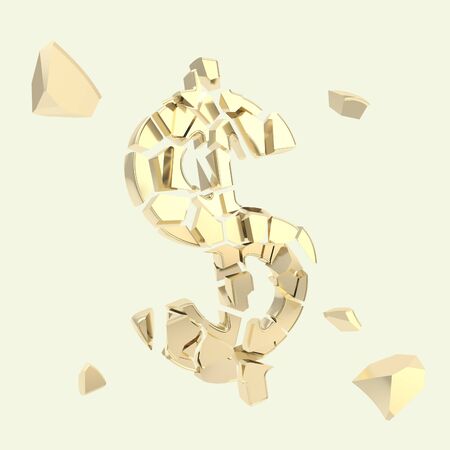 Dollar collapse metaphor as usd currency symbol broken into tiny golden metal glossy pieces isolated